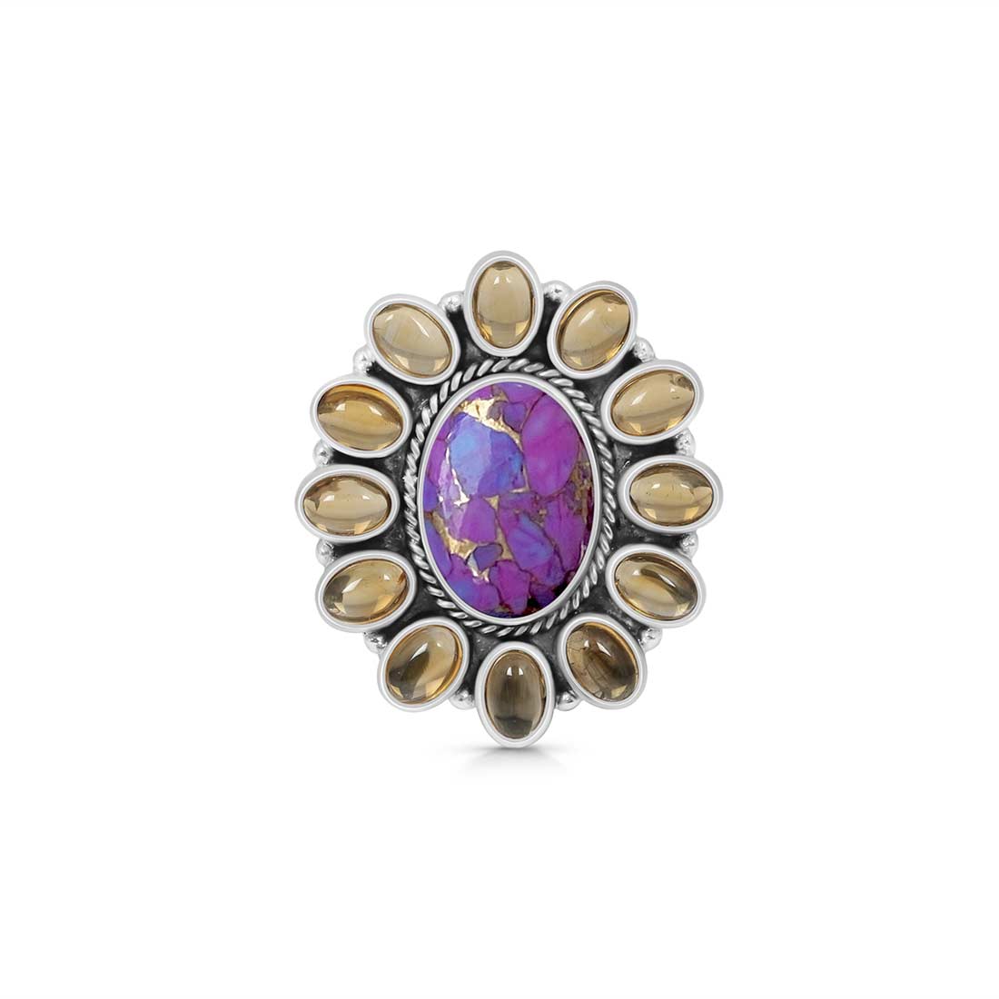 Purple Copper Turquoise And Citrine Flower Adjustable Ring-(TRC-FLR-2.)